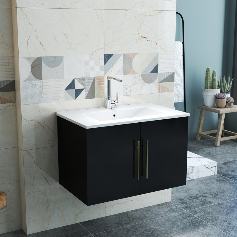 Ensemble de meuble-lavabo mural noir brillant 30 po avec lavabo, Noir