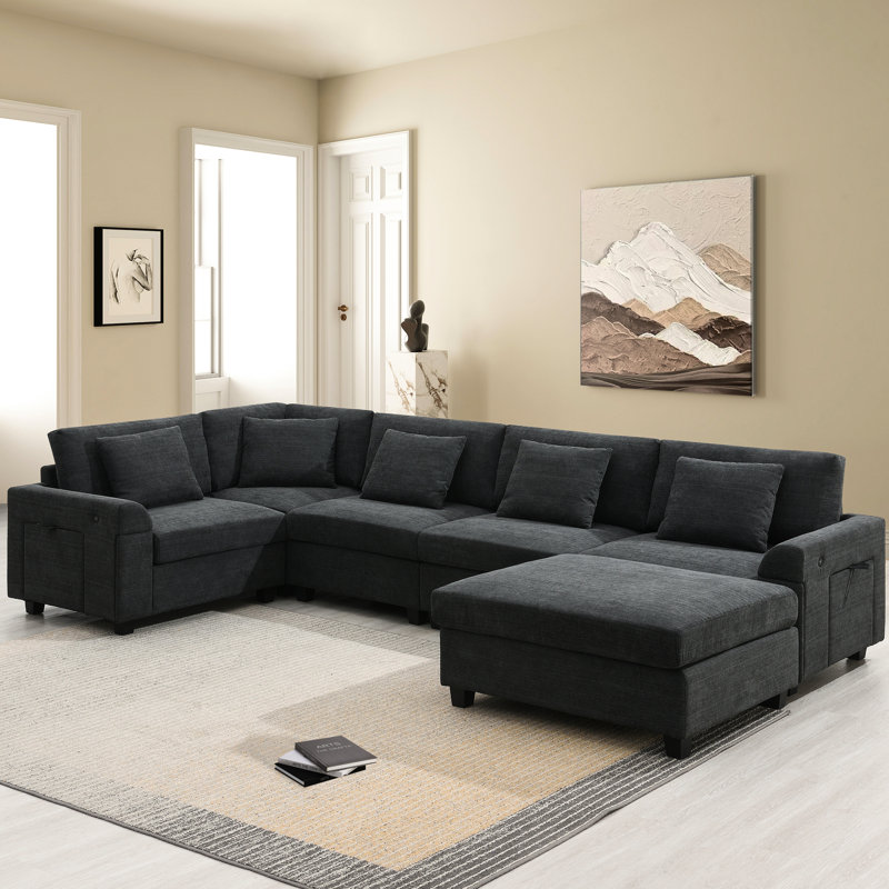 Canapé modulaire en U 6 places, canapé en chenille, avec rangement, compartiments pour accoudoirs et porte-gobelets, Noir