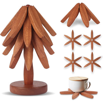 Natural Wooden Tree Trivet For Hot Dishes, 4 Sapele Wood + 1 Stand Stored Like A Christmas Tree, Pot Holders For Kitchen Decor, Artisanal Wooden Coasters Trivets Set For Coffee Pots, Hot Dishes, Bowl