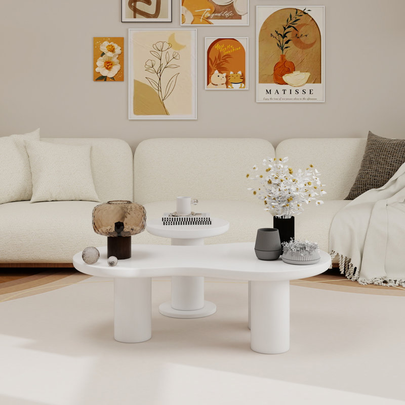 Ensemble de 2 tables basses gigognes faciles à assembler, de couleur crème avec une petite table d'appoint ronde, une table centrale irrégulière avec des pieds épais pour le salon, blanc, 39,3 po x 13,7 po, Φ 15,7 po