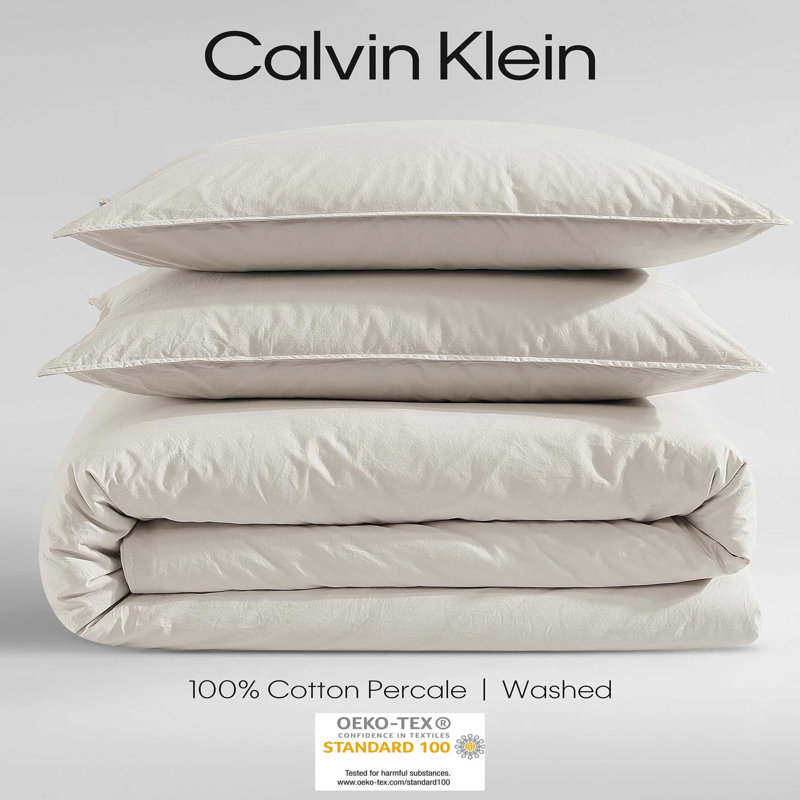 Calvin Klein Washed Percale Cotton Solid Comforter Set, Twin/Twin XL Comforter + 1 Standard Sham, Light Beige