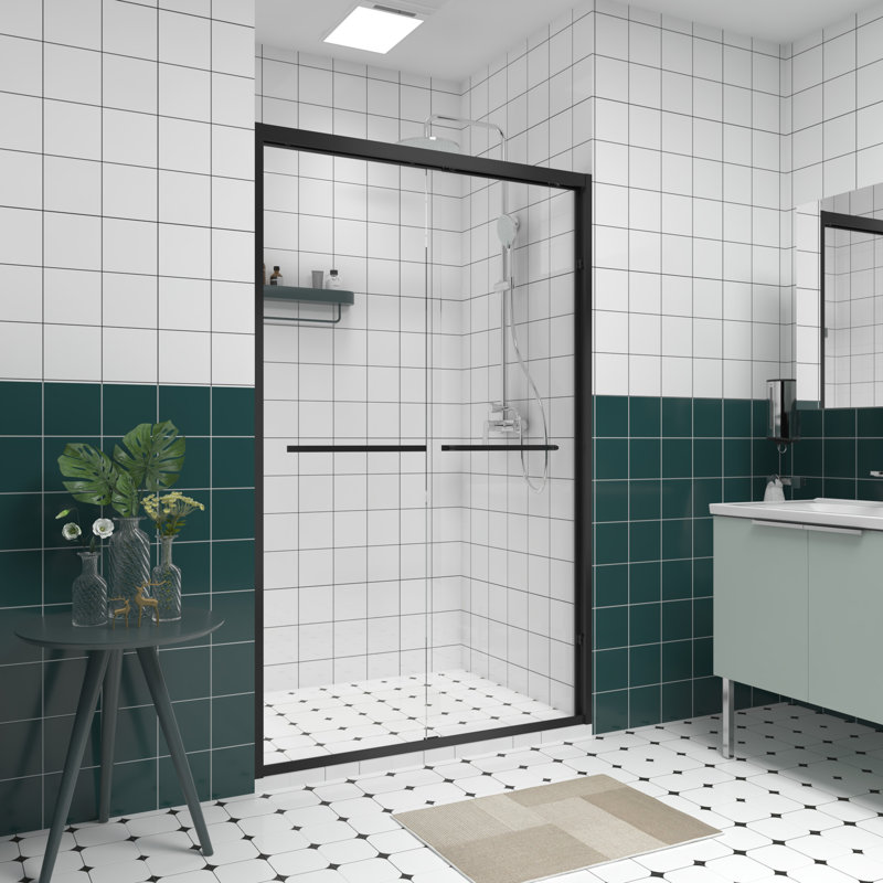 Double Sliding Bathroom Shower Door With Chamfered Glass Edge, Stainless Steel Handle, Water - Blocking Feature Sealing