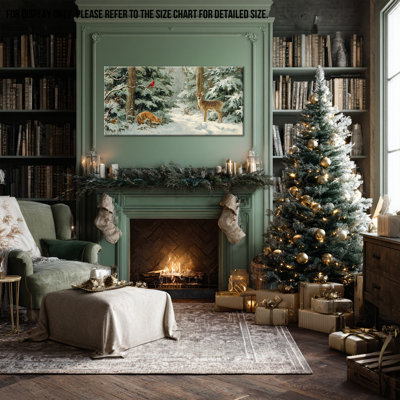 Grand paysage d'hiver - art mural sur toile scène d'hiver, décorations murales de Noël pour le salon, animaux de la forêt, reproduction d'art sur toile encadrée, 24 po x 48 po