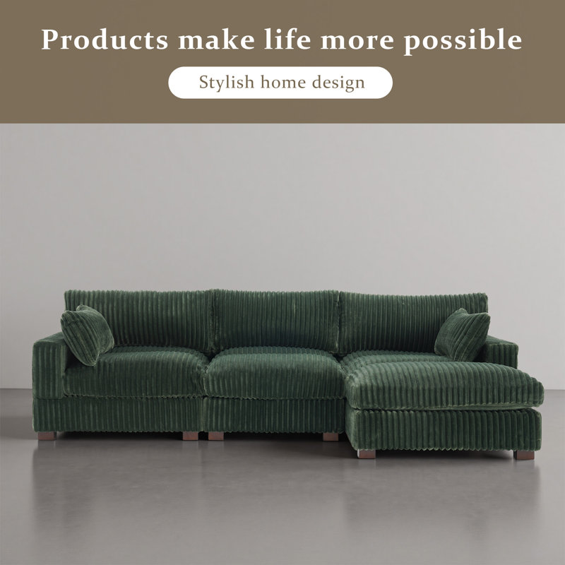 3 - Piece Upholstered Green Faux Rabbit Fur Flannel Reversible Modular Sofa Living Room Sectional Couch with Pillows