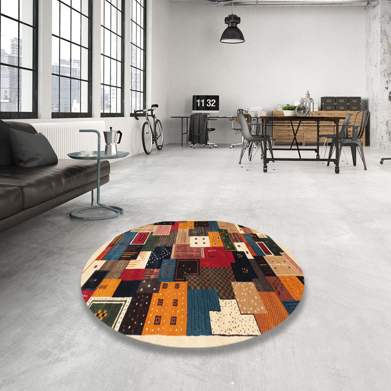 Tapis orange/bleu/brun contemporain, Rond 6 pi