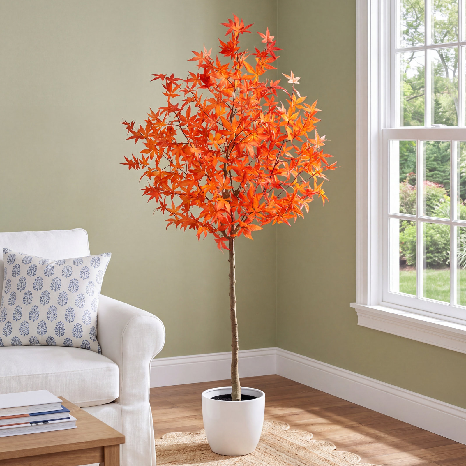 Faux Maple Tree in Pot Liner, Orange, 72" H x 29" W x 20" D