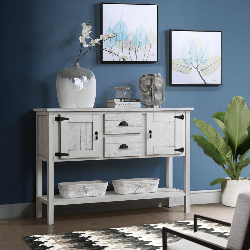 Alcimon Retro Wood Sideboard | 2 Drawers, 2 Cabinets & Bottom Shelf for Dining/Living Room, Antique White