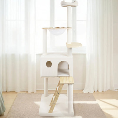 Wood Cat Tree With Large Condo Wood Ladder And Transparent Spacecraft 165Cm