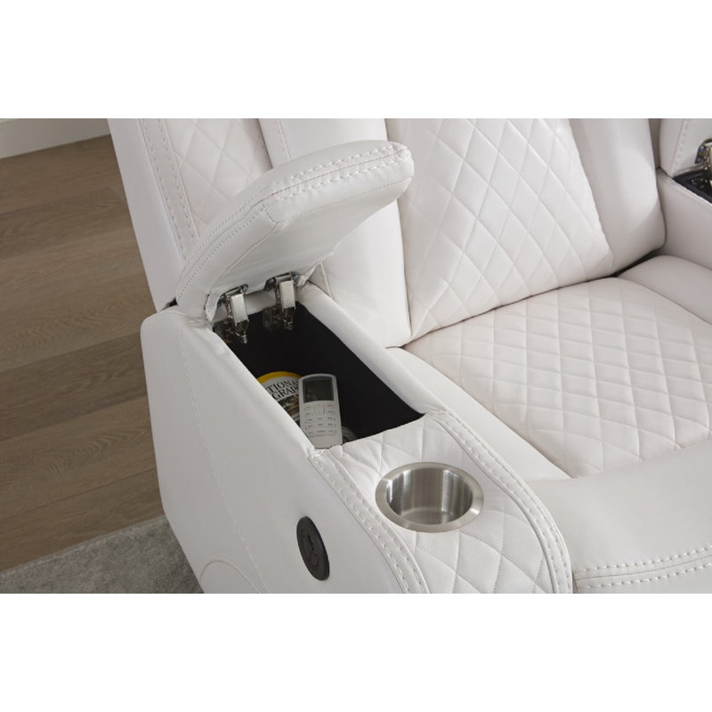 Leather Power Loveseat Recliner Couch with Bass Speakers and LED Lights, White