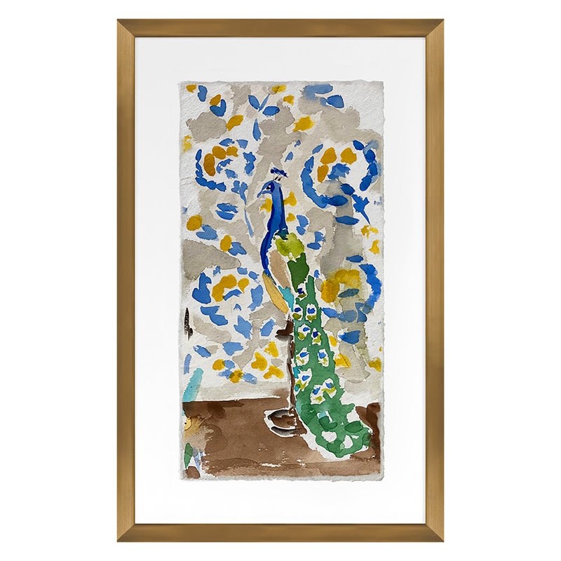 Blue Peacock Print by Dana Gibson, Gold, 40" H x 25" W x 0.75" D