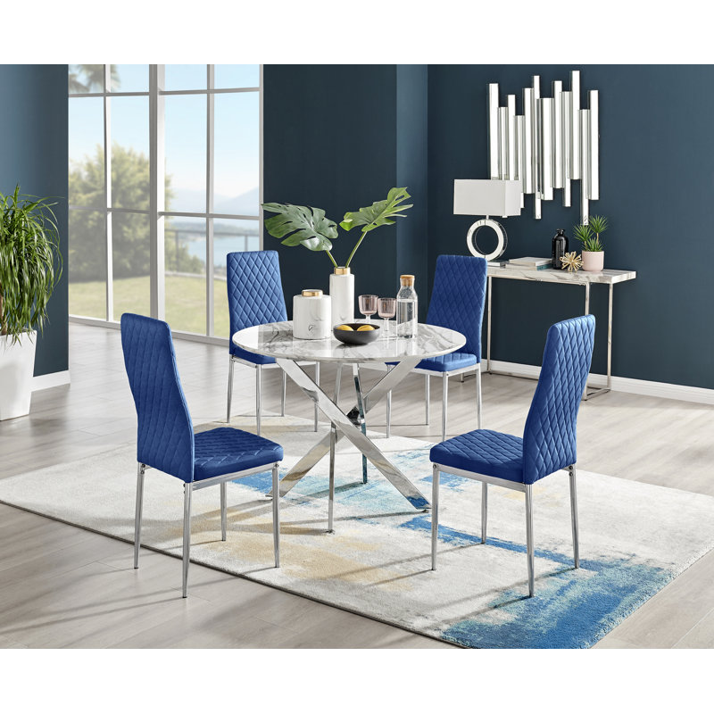 Tierra Modern Chrome Metal & Glass Round Dining Table Set with 4 Quilted Velvet Chairs, White Marble, Navy/Silver, Silver