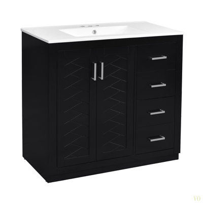 36'' Bathroom Vanity With Ceramic Sink Combo, Solid Wood Frame Bathroom Storage Cabinet, Freestanding Vanity Set With 3 Drawers Soft Closing Doors