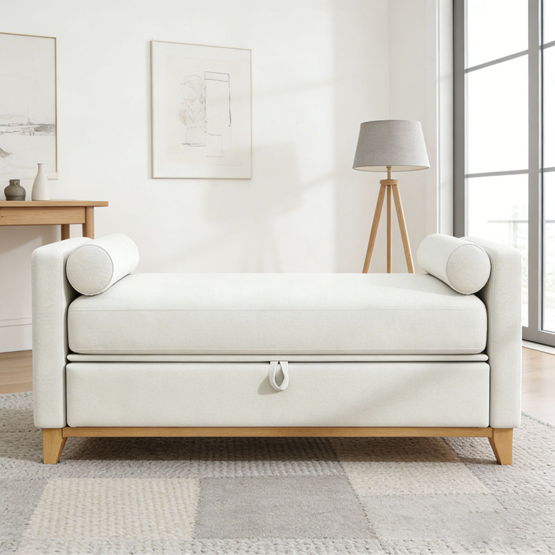 Banc rembourré en bois massif, Beige + naturel, 66 po + rangement