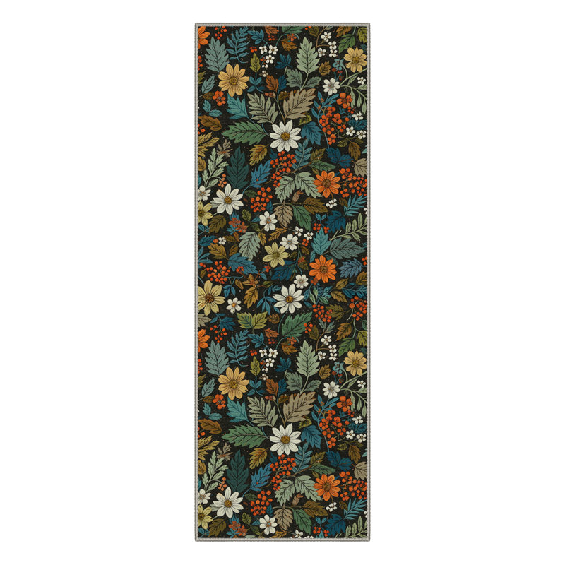 Ammons Edenwood Floral Machine Washable Black / White / Green Indoor Area Rug with Non-Slip Backing, Runner 2'3" x 6'