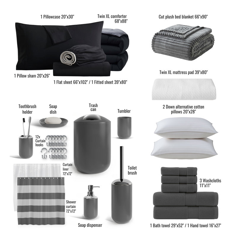 Complete College Dorm Room Essentials, Twin XL Bedding & Bath Set, Black/Gray