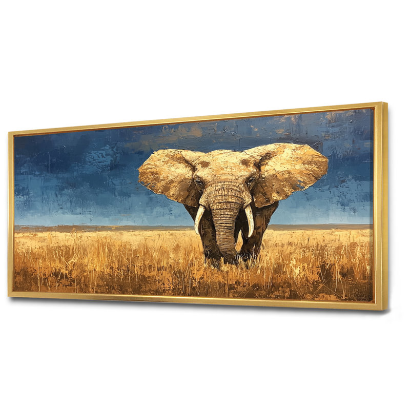 Éléphant dans les plaines d'Afrique I - éléphant, art mural sur toile, H 28 po x l 60 po, Impression encadrée flottante, Doré