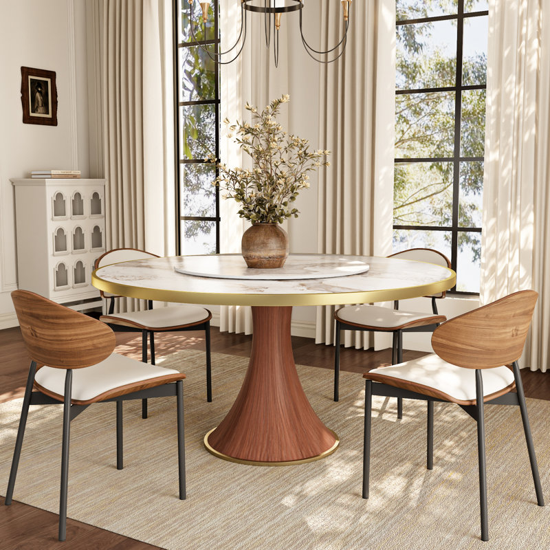 Ronde de luxe avec garniture dorée en pierre et base en bois massif, H 29,52 po x l 59,05 po x P 59,05 po, Nuage Atlas