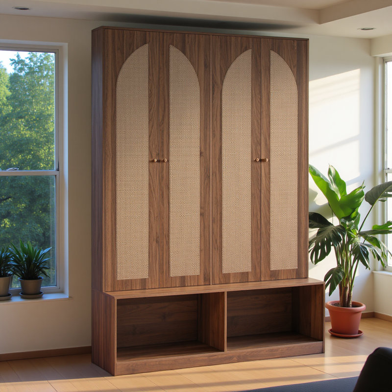 Farmhouse Widen Hall Tree With 4 Rattan Doors, Versatile 4-in-1 Seating Bench With 6 Hooks, Mid-century Entryway Shoe Cabinet With Adjustable Shelf For Living Room, Walnut, 55.1"w