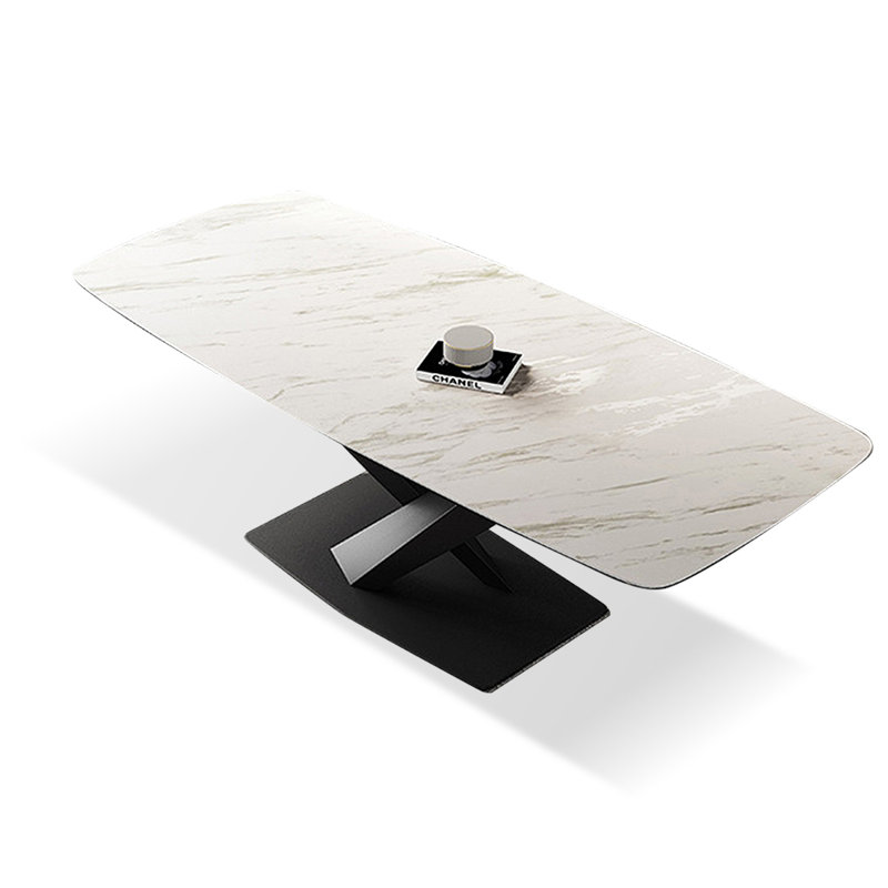 Table de salle à manger blanche et noire en pierre frittée rectangulaire et acier au carbone