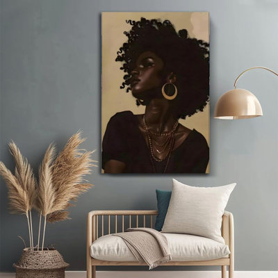 1Pc 24x36inchs Large Canvas Wall Art Portrait of a black woman, curly hair with gold accessories, realistic art style Framed Wall Decor for Home Decor & Room Decor Print for Home, living Room, Bedroom