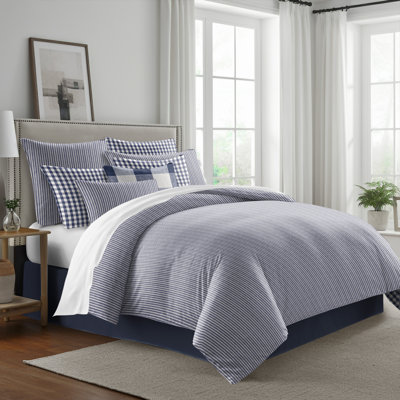 Walker Ticking Stripe Reverse to Check Indigo/Ivory Cotton Comforter Set  8 Piece