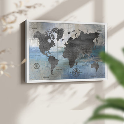 Carte du monde - impression encadrée bleue et grise - réversible