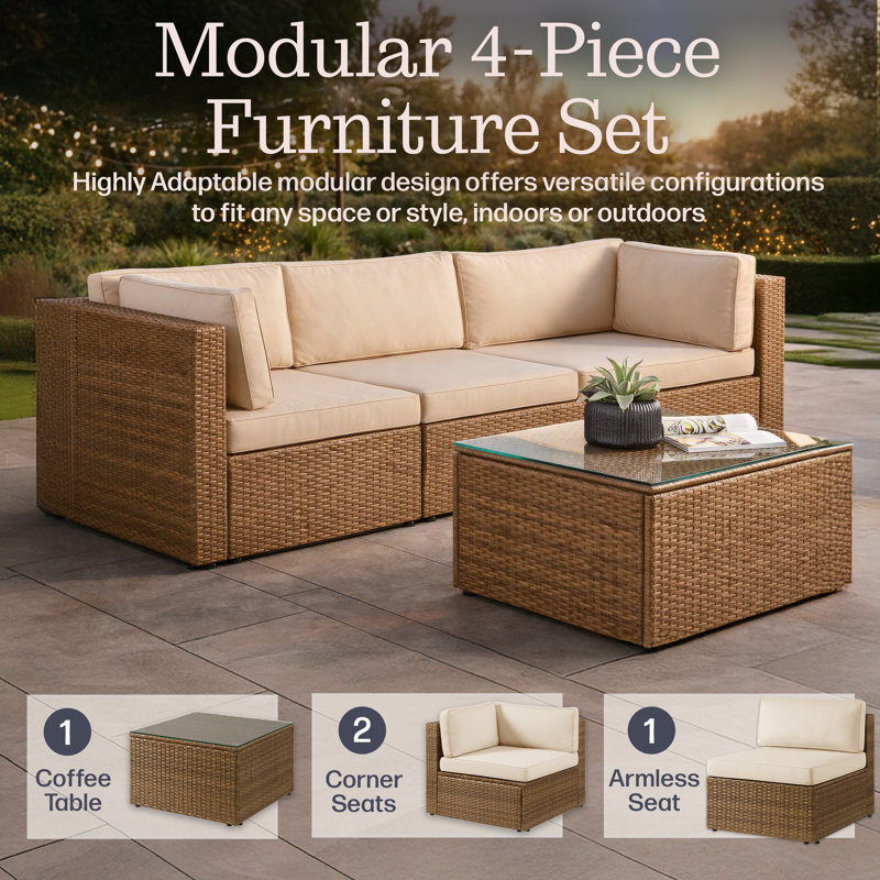 Montara 4 Piece Modular Outdoor Patio Furniture Set - Weather-Resistant Wicker Rattan Patio Set with Outdoor Couch and Coffee Table for Backyard, Porch, Deck or Poolside (Tan/Cream)
