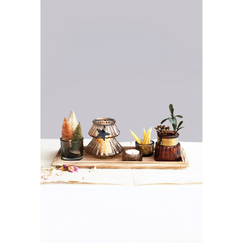 Wood Tray With 5 Glass Tealight/Votive Holders