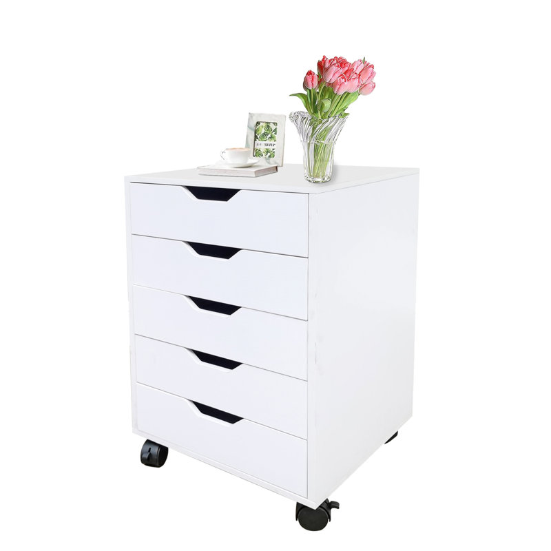 FixtureDisplays® 17 X 15 X 25" 5-Drawer Cabinet, White Bedside Table Nightstand, Slide Drawer, Easy Mobility on Wheets 10200