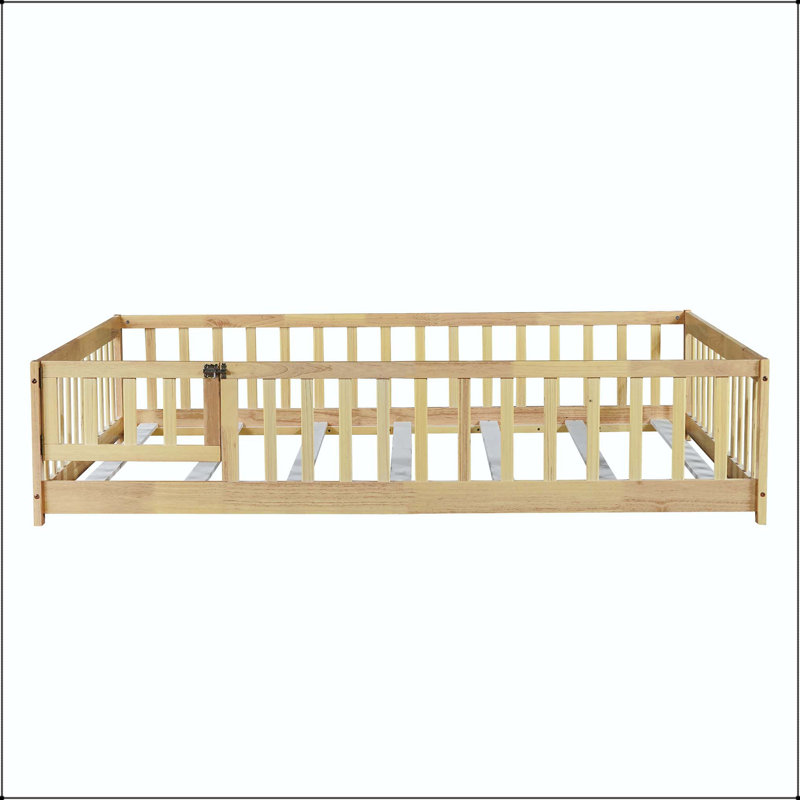 Lit double avec clôture et porte - Bois d'hévéa avec garde-corps de sécurité, Lit double, Naturel
