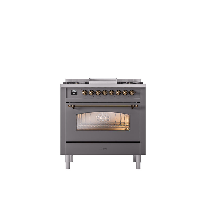 ILVE Nostalgie II Series 36 inch Dual Fuel Range with 6 Burners, Griddle (Glass Door), Graphite Matte/Bronze, Natural Gas