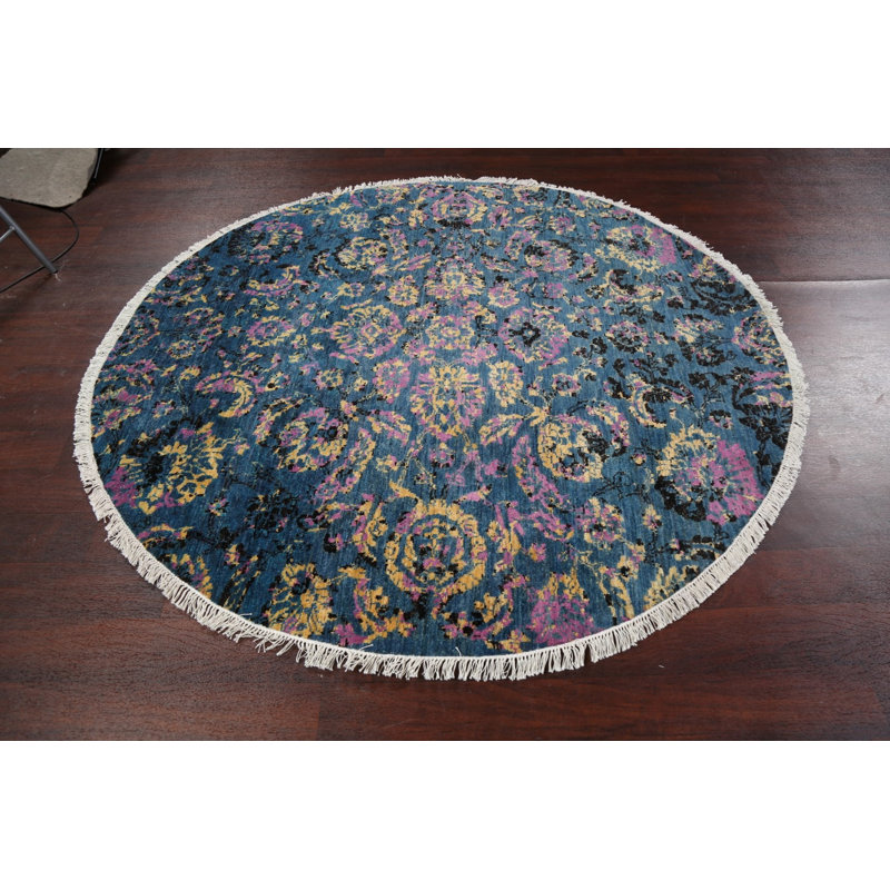 Tapis unique noué à la main 6 pi 1 po bleu / mauve / doré New Age