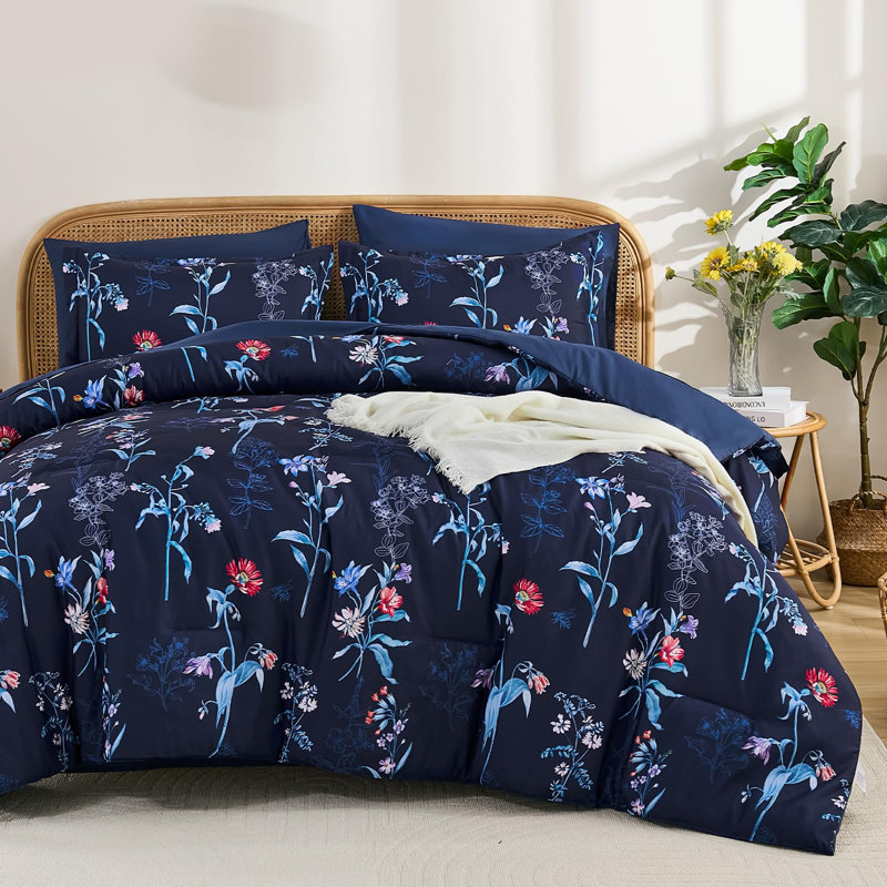 7 Pieces Floral Botanical Reversible Comforter Set, Navy Blue Floral, Queen Comforter + 6 Additional Pieces