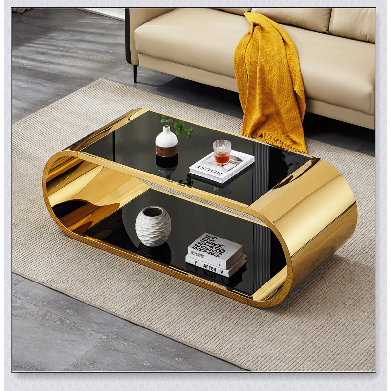 Table basse moderne à 2 niveaux avec plateau en verre et acier inoxydable doré, grand espace et design élégant pour le salon
