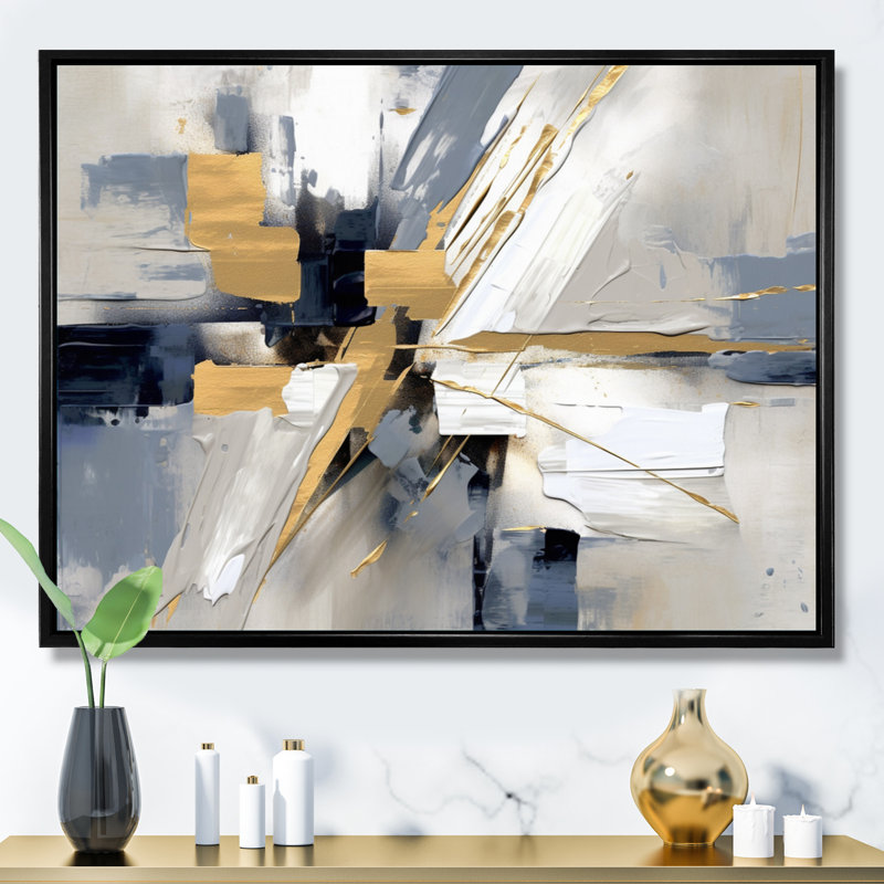 «Grey and Gold Transcendent Impressions I», art sur toile à formes abstraites, H 34 po x l 44 po x P 1,5 po