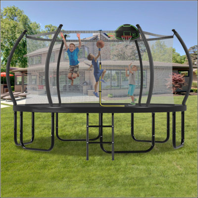 Trampoline d'extérieur rond de 16 pi avec panier de basketball, filet d'enclos, poteaux courbés et échelle pour enfants et adultes