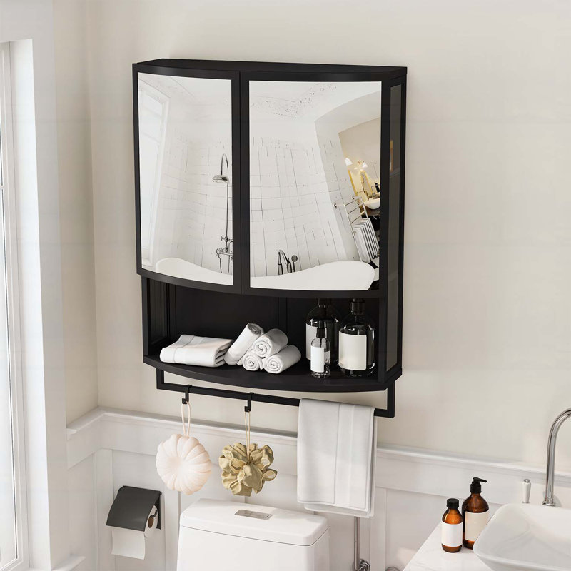 Armoire de rangement moderne à double porte en verre arqué avec miroir incassable et rangement polyvalent, Noir
