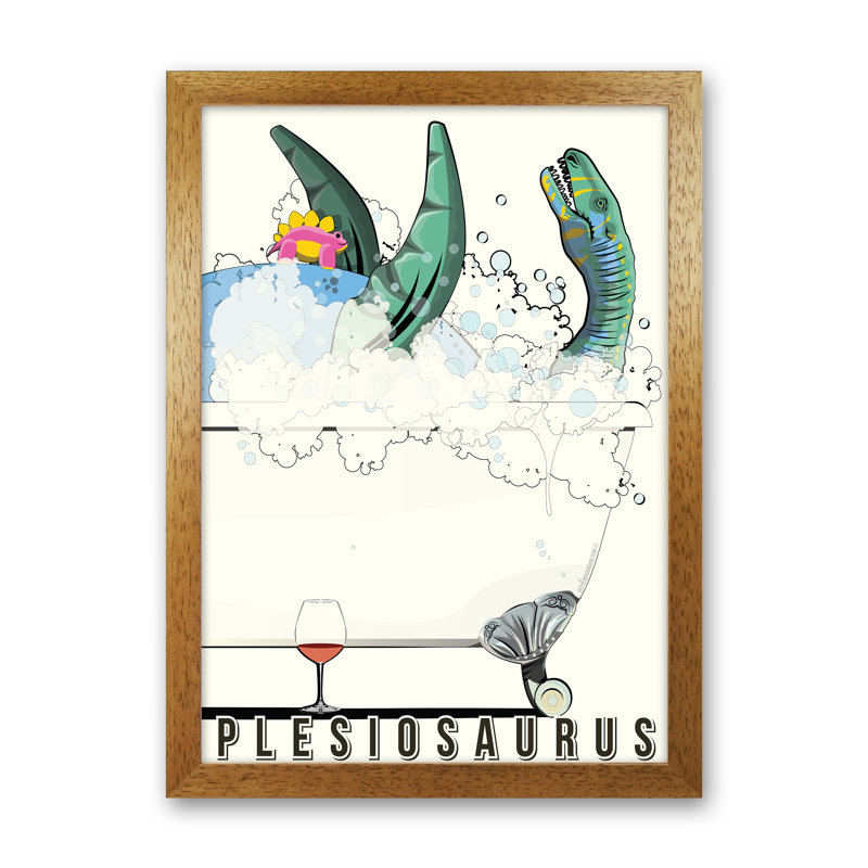 Swimming Dino 1 Piece Wall Art, 30cm H x 21cm W x 3cm D, Oak Framed