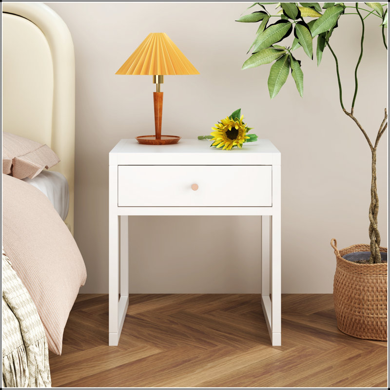 Modern White Nightstand With Spacious Drawer, Minimalist Design For Small Spaces And Easy Assembly