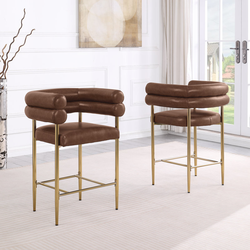 Leathaire Counterheight Chairs With Gold Chrome Base, Mocha