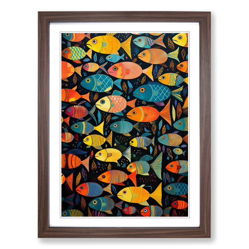Fish Colour Field No.3 - Single Picture Frame Print on Wood, 34cm H x 25cm W x 2cm D, Walnut