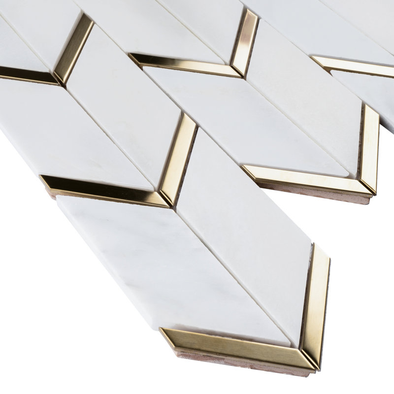 Natural Bianco 1" x 2" Herringbone / Chevron Mosaic Wall Tile, White/Gold