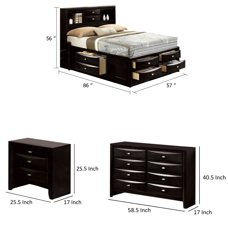Ensemble de chambre complet, noir et nickel, ensemble 3 pièces avec commode et table de chevet