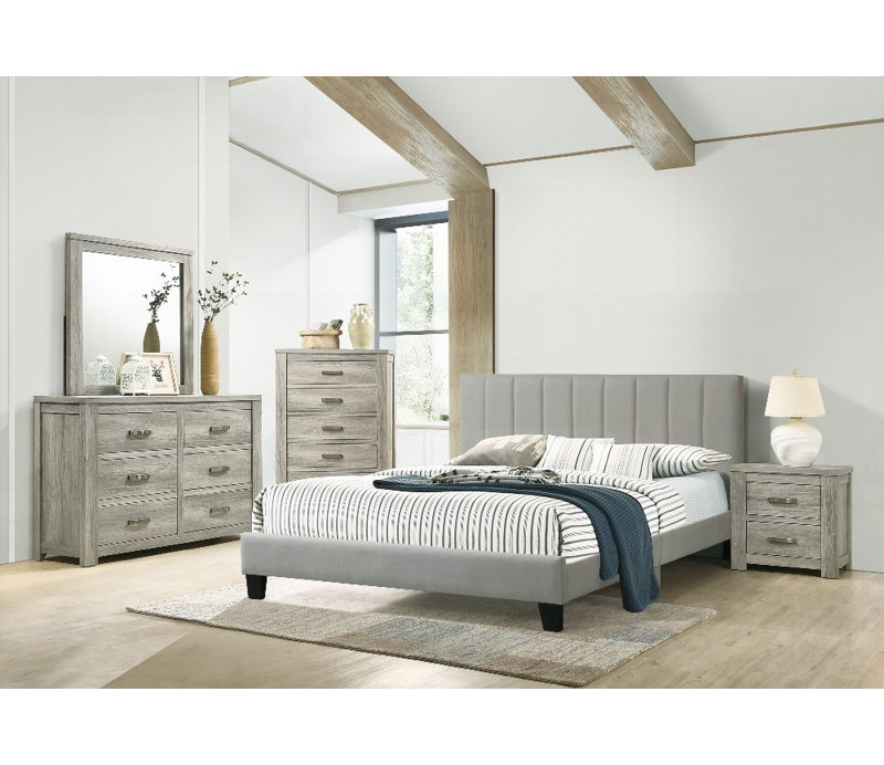 Cadre de lit très grand californien 1pc - Polyfibre gris, capitonné vertical, aucun sommier requis, H 80,25 po x 91,5 po x H 38 po