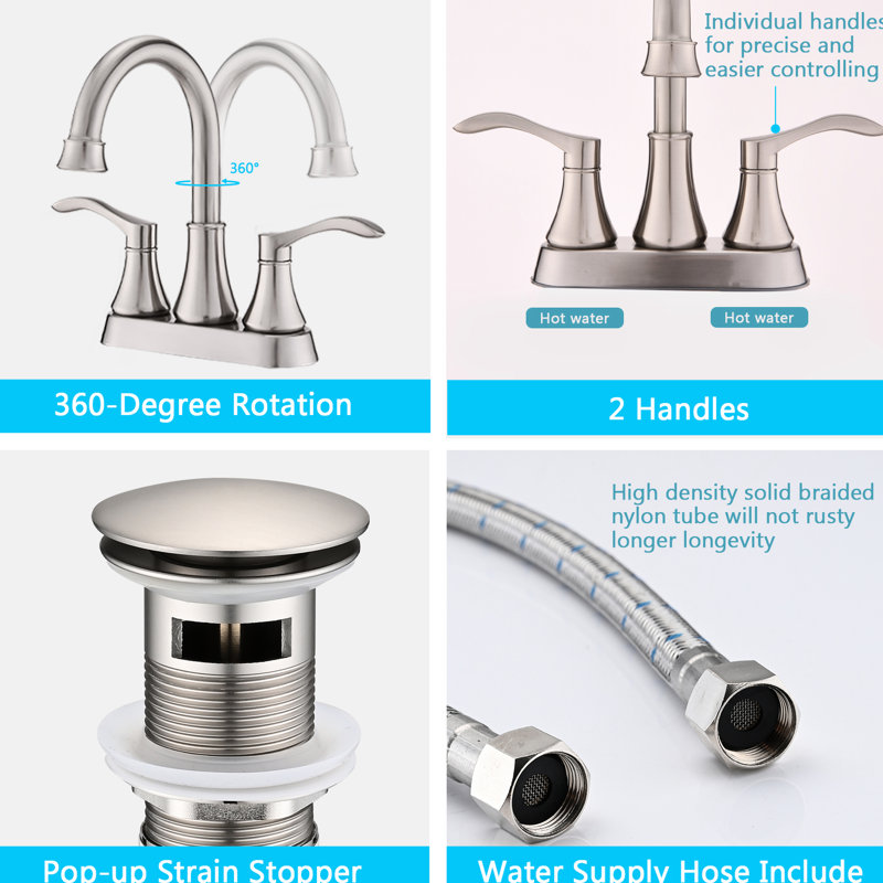 Brushed Nickel Bathroom Faucet - 4 Inches , 360 Rotatable Spout, Pop Up Drain Included, , Rustproof, Elegant Double Handles, Water Saving Feature, Smooth Operation 4" Nickel, Swivel Spout With Drain,