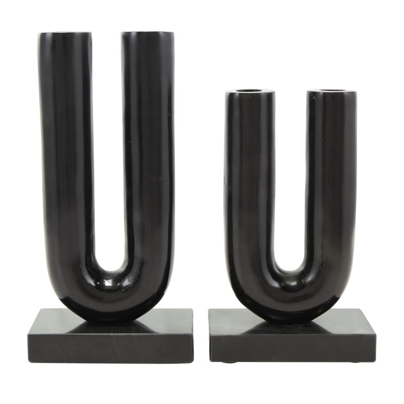 Porte-bougie en forme de U Newfields et gris en aluminium avec bases en marbre blanc, Noir