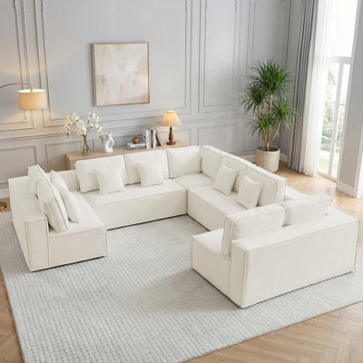 138'' Boneless Chenille U Shaped Couch, Oversized Modular Sectional 9 Seater Sofa, Modern Deep Seat Corner Cloud Compressed Couch, No Assembly