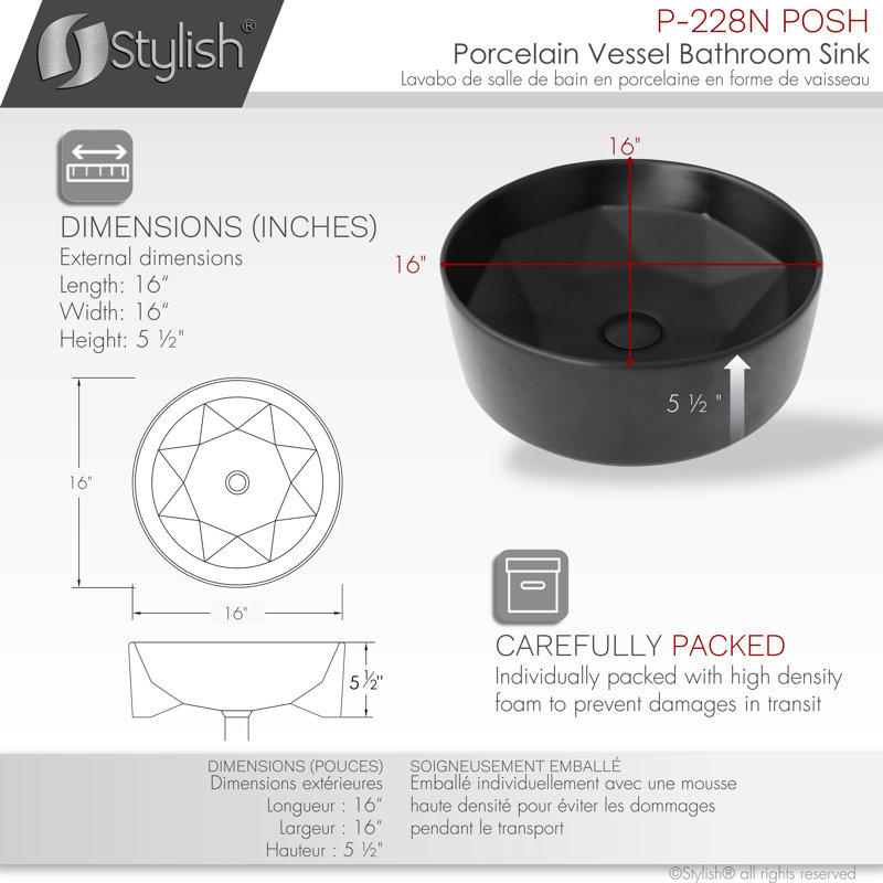 STYLISH Opulence Posh 16" Round Vessel Sink, Black