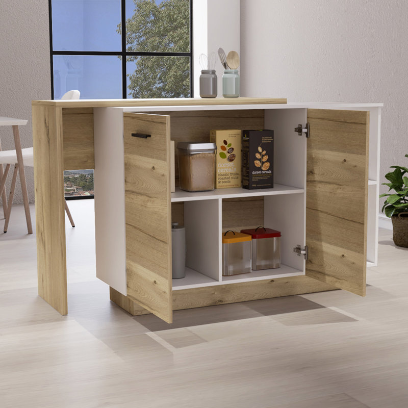 Kitchen Island, Double Door Cabinets, Two External Shelves, Three Shelves, White