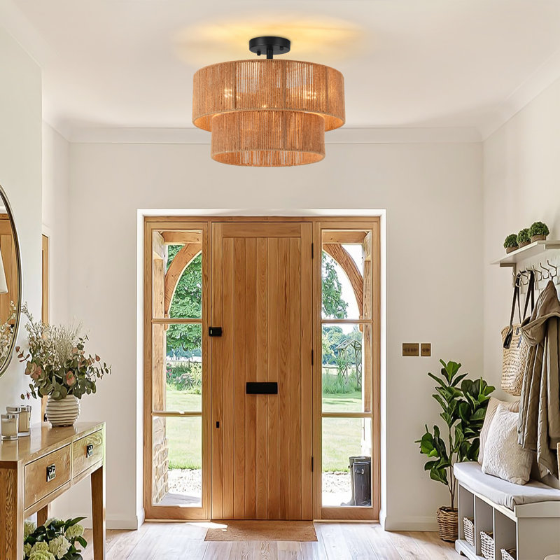 Vidrine 3 - Light Dimmable Rattan Semi Flush Mount Ceiling Light with 2-Tier Drum Shade for Living Room Kitchen Entryway Hallway Foyer